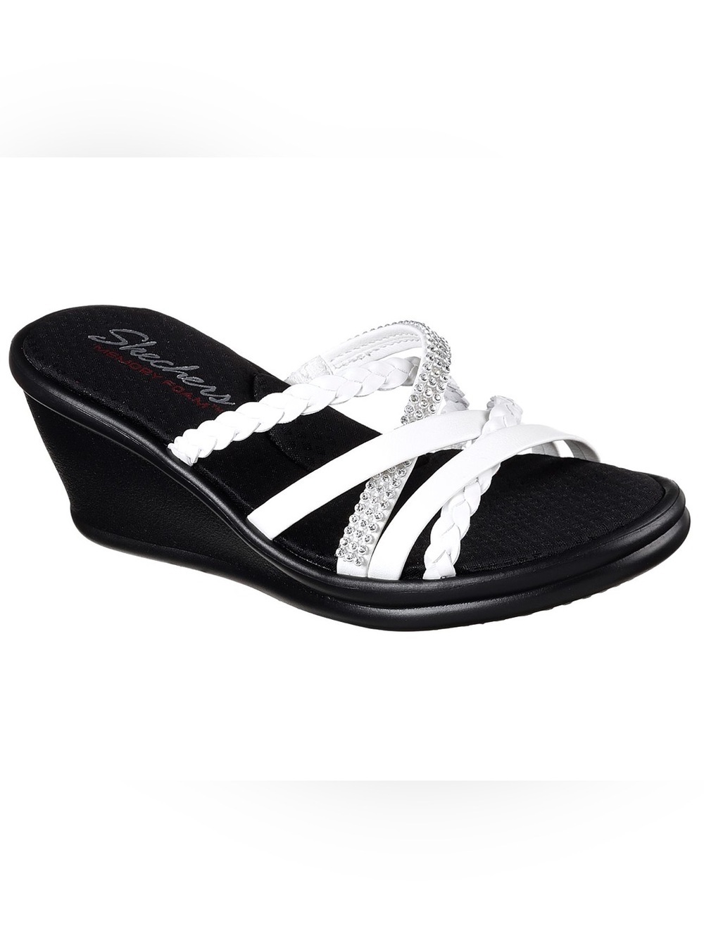 SKECHERS White Braided Rhinestone Slide Sandal